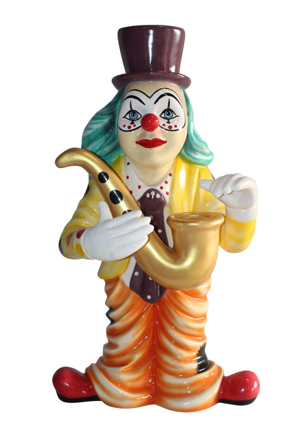 Whimsical Clown Fiberglass Statue, Jazzing Up with Saxophone 19" x 18" x 36"H