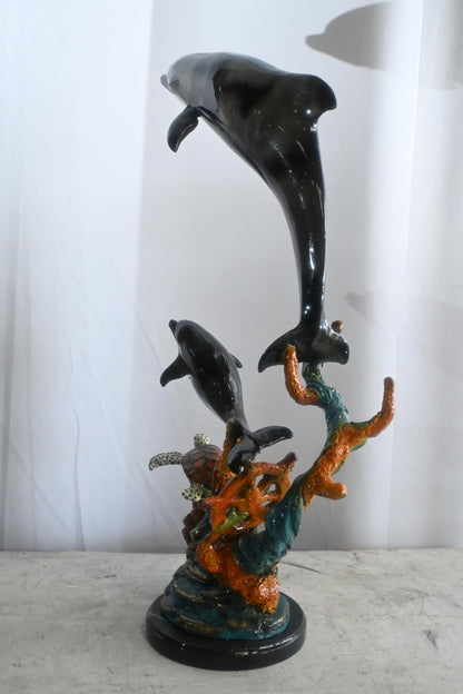 Two Dolphins with Sea Turtle on Coral Bronze Sculpture 18"x10"x29"H