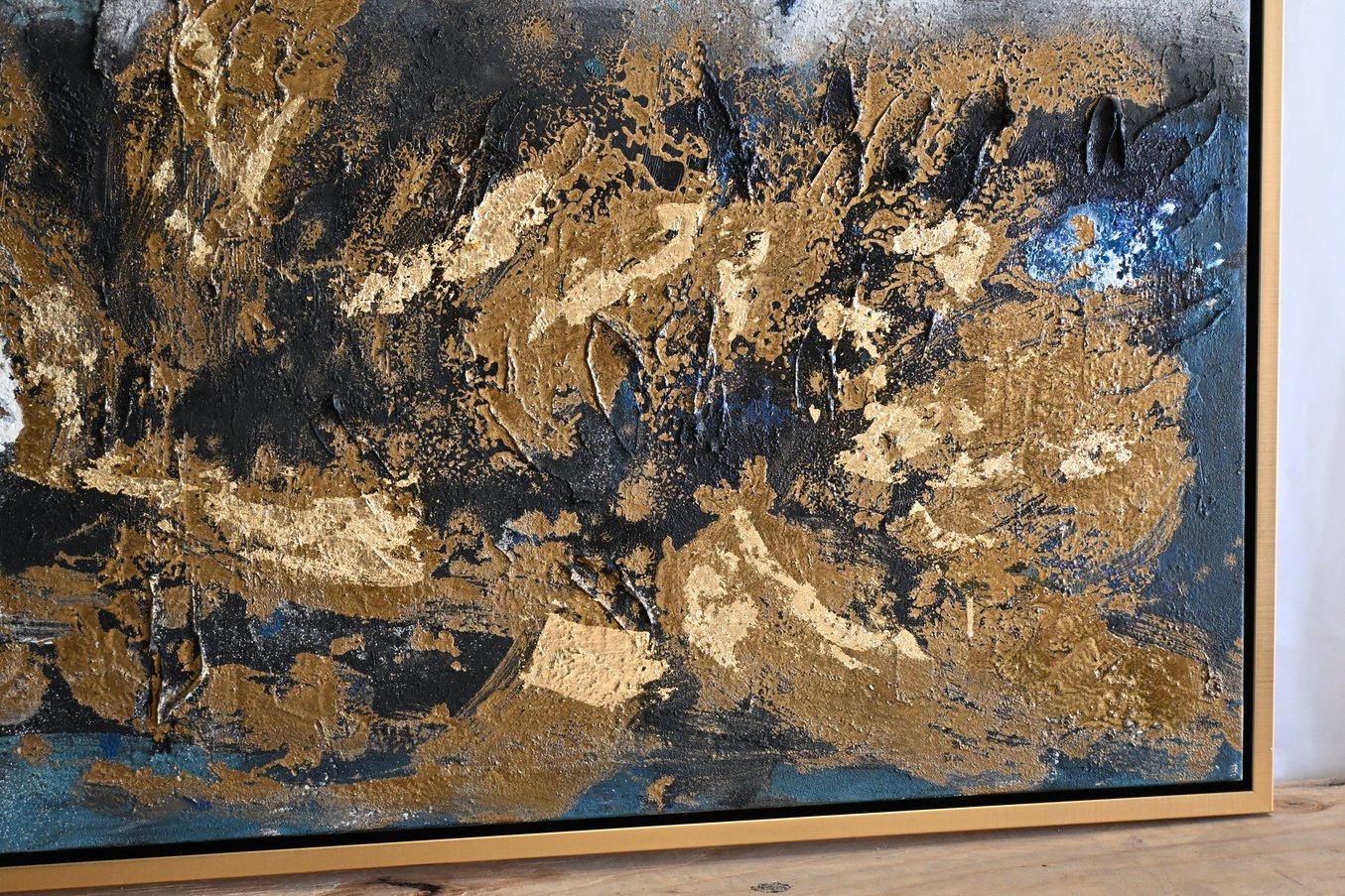 Steel Symphony Abstract Canvas Painting Gold Teal Framed 41"x61"
