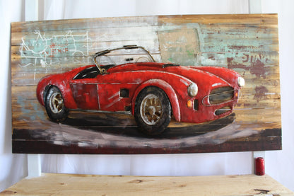 NIFAO Classic Roadster Inspired Red Car 3D Metal Art on Wood 79" x 2" x 40"H
