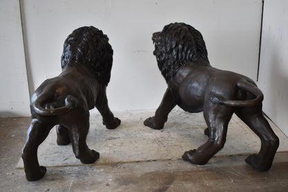 A Pair of Large Lions Walking Side by Side Bronze Statues Size: 24" x 60" x 41"H