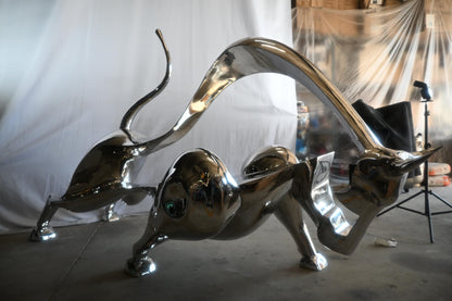 Giant Abstract Stainless Steel Charging Bull Floor Sculpture 105"x36"x58"H