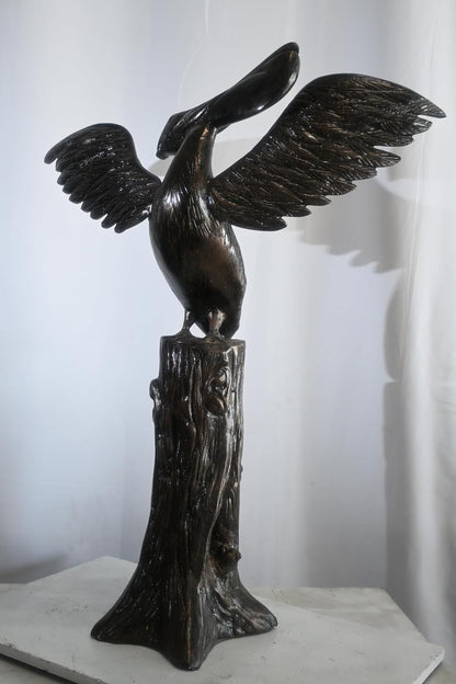 Aluminum Pelican Sculpture on Tree Stump Perch 34"x13"x43"H