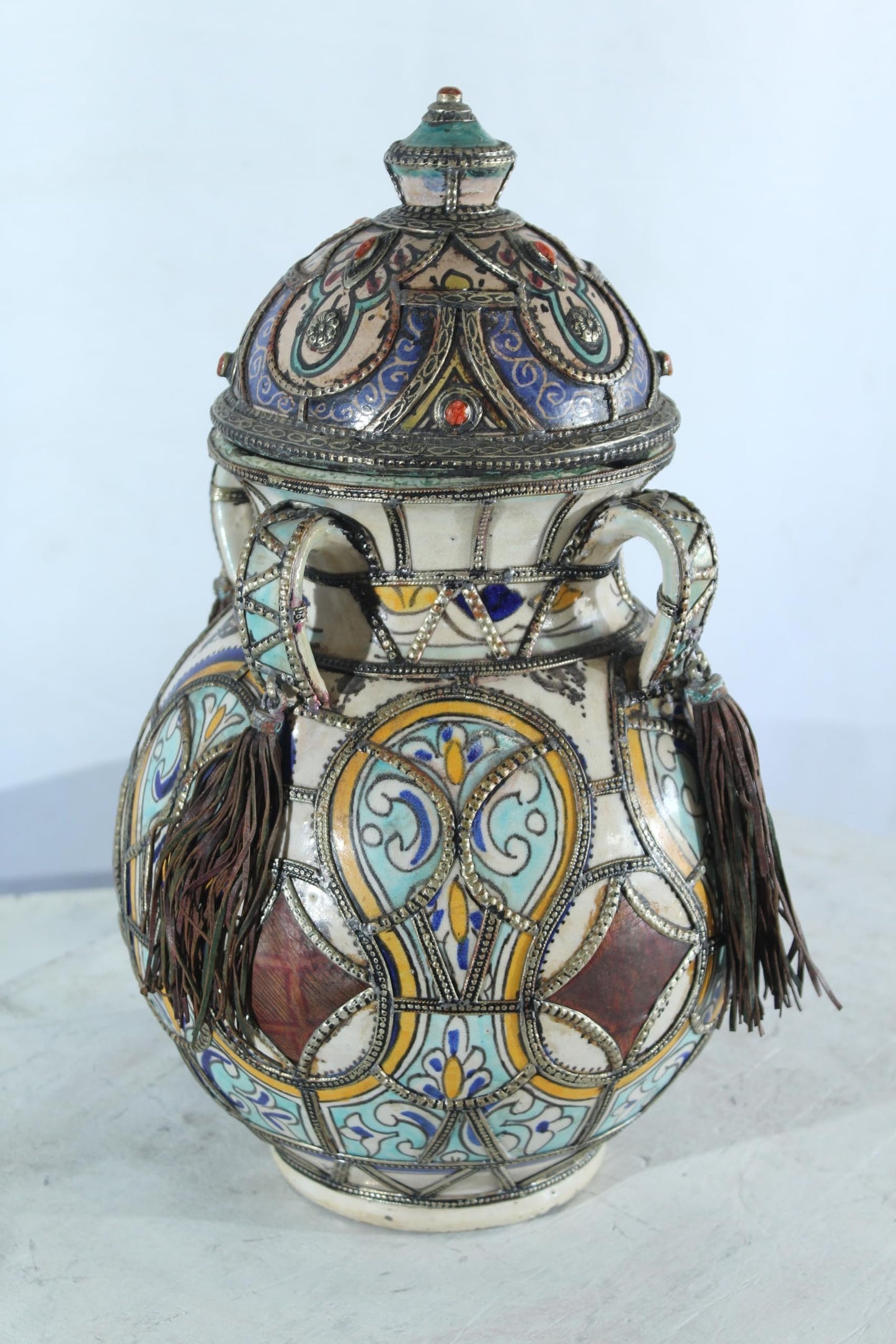 Handcrafted Ceramic Lidded Jar with Tassels and Metal Inlay 10" x 10" x 18"H
