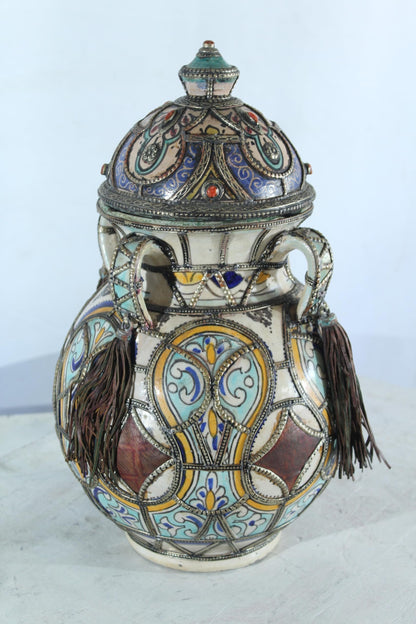 Handcrafted Ceramic Lidded Jar with Tassels and Metal Inlay 10" x 10" x 18"H