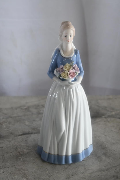 Porcelain Lady Blue Bodice White Skirt with Rose Bouquet 5"x4"x12"H