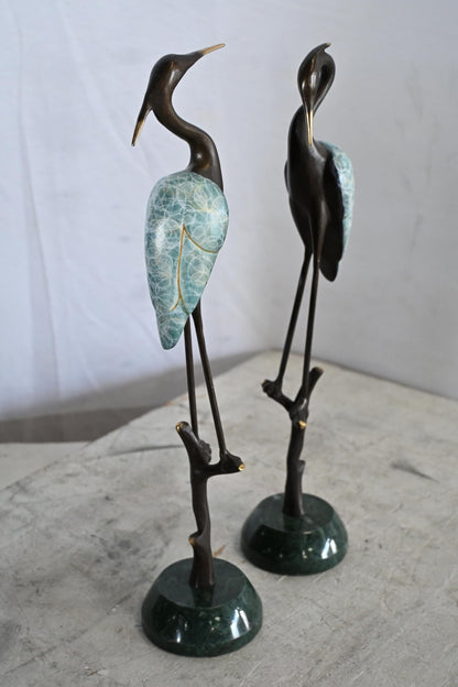 NIFAO Bronze Heron Pair Statue Set Marble Base Bird Sculpture 8"x4"x17"H