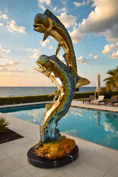 Impressive Pair of Dorado Mahi Mahi Fish Bronze Statue Size: 20" x 18" x 42"H