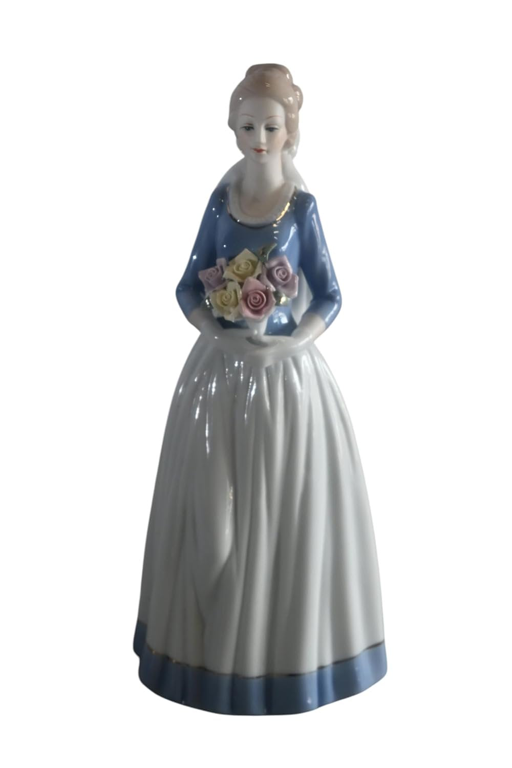 Porcelain Lady Blue Bodice White Skirt with Rose Bouquet 5"x4"x12"H