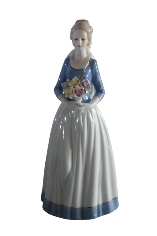 Porcelain Lady Blue Bodice White Skirt with Rose Bouquet 5"x4"x12"H