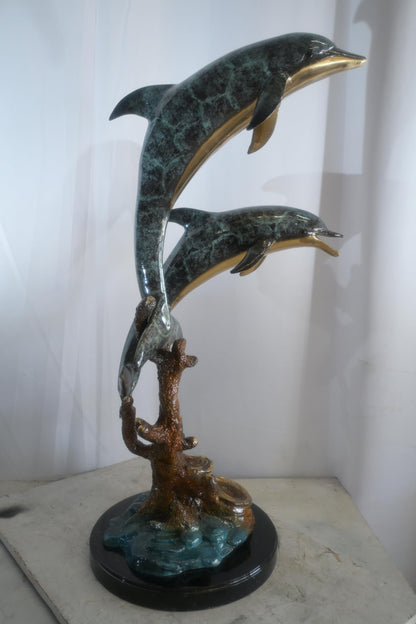 Large Bronze Dual Dolphin Coral Reef Sculpture Marble Base 18"x16"x39"H