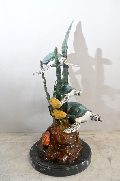 Three Sea Turtles Bronze Sculpture Vertical Coral 18"x13"x28"H
