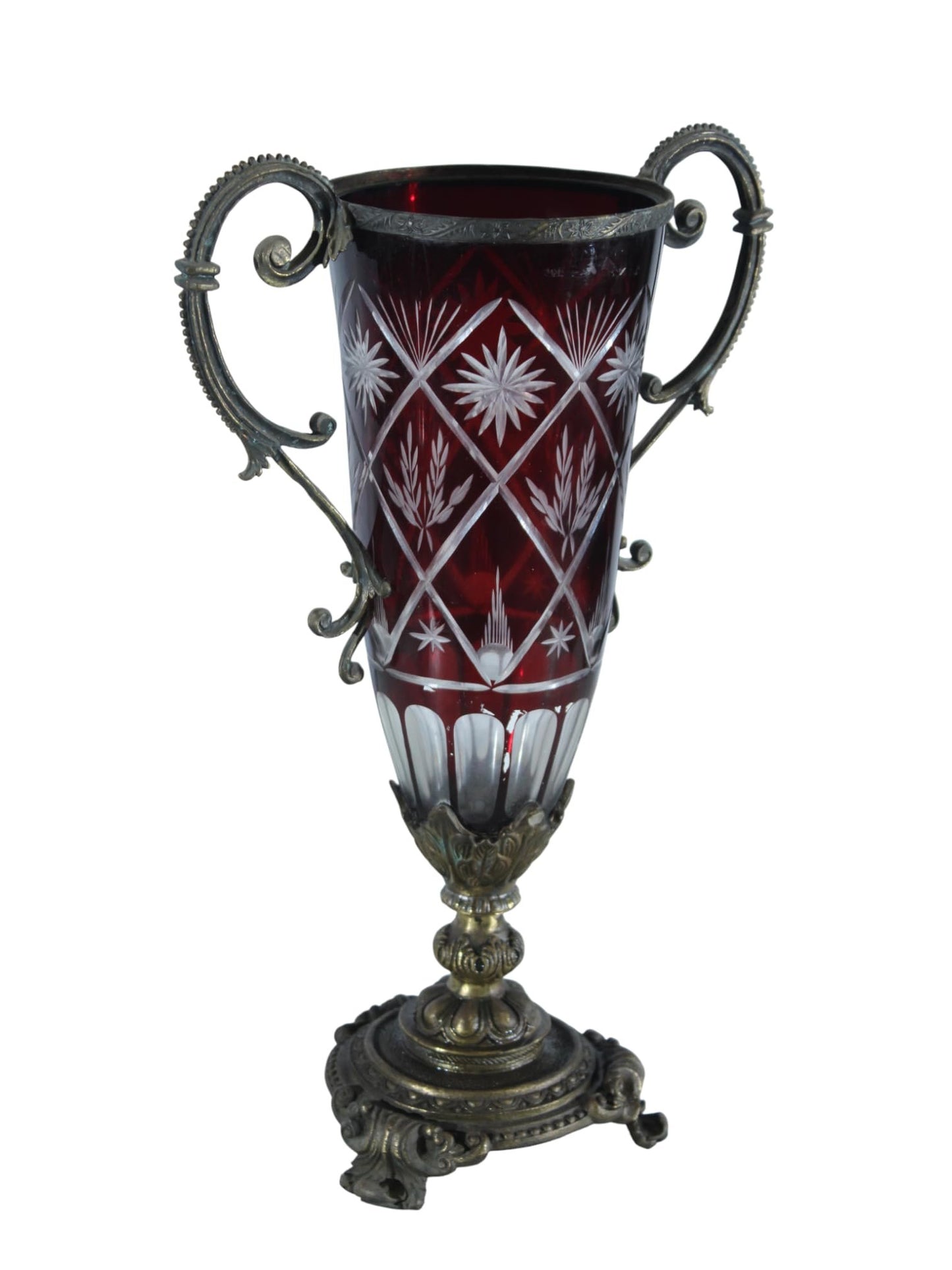 Ruby Red Cut Glass Trophy Vase with Metal Handles and Ornate Base 10"x6"x16"H