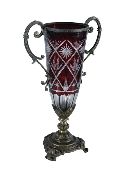 Ruby Red Cut Glass Trophy Vase with Metal Handles and Ornate Base 10"x6"x16"H