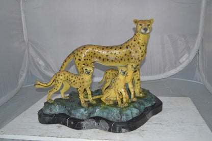 Cheetah Family Bronze Statue on Marble -  Size: 24"L x 14"W x 18"H.
