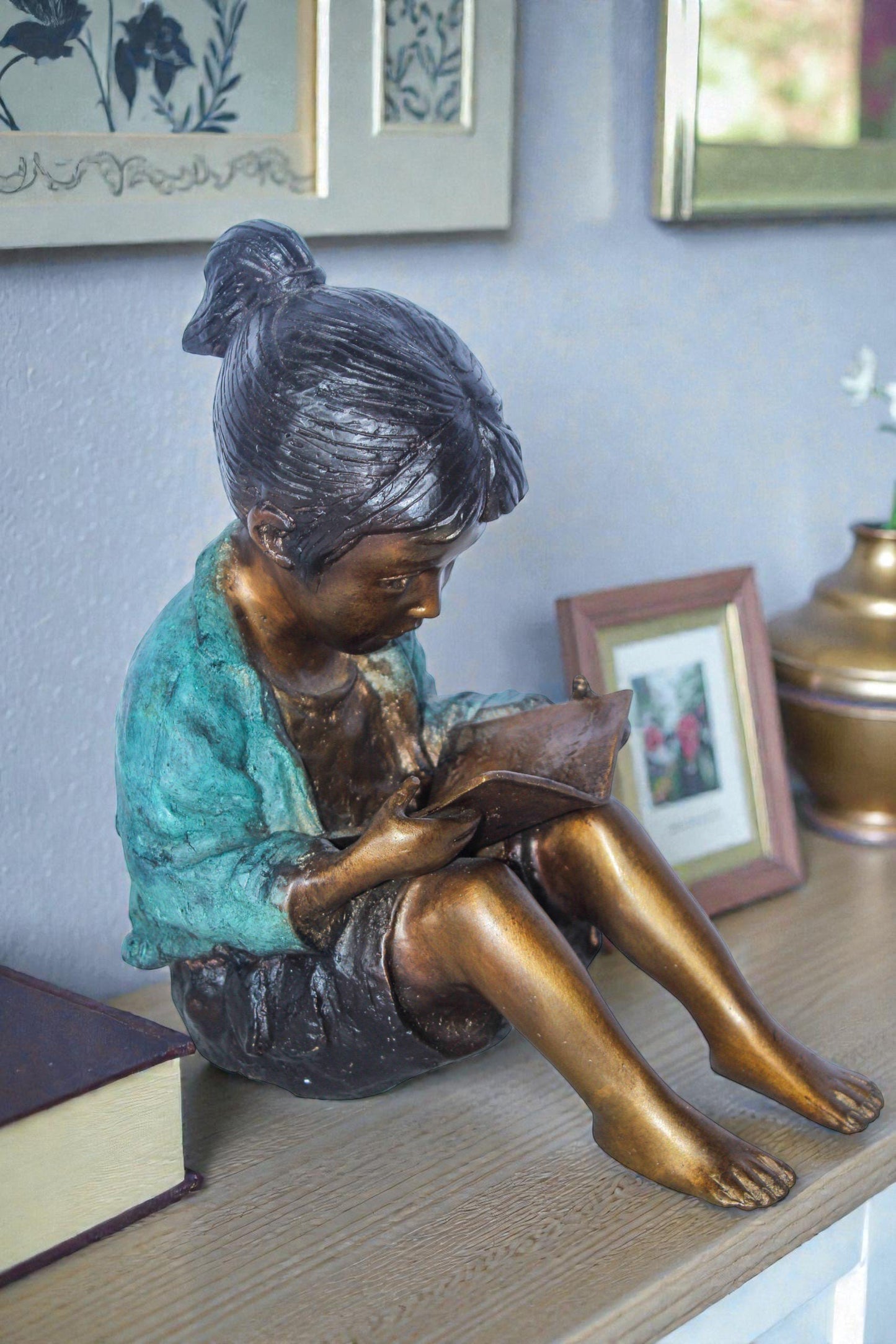 Charming Young Girl Sitting and Reading a Book Bronze Statue 11" x 8" x 12"H