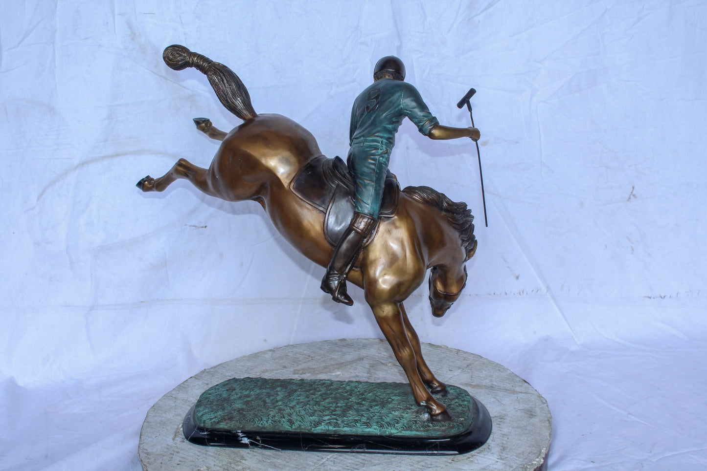 Dynamic Polo Player and Horse in Game Action Bronze Statue  21" x 11" x 22"H