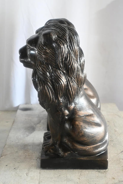 Pair of Aluminum Sitting Lion Statues Bronze Finish 19In 17"x12"x19"H