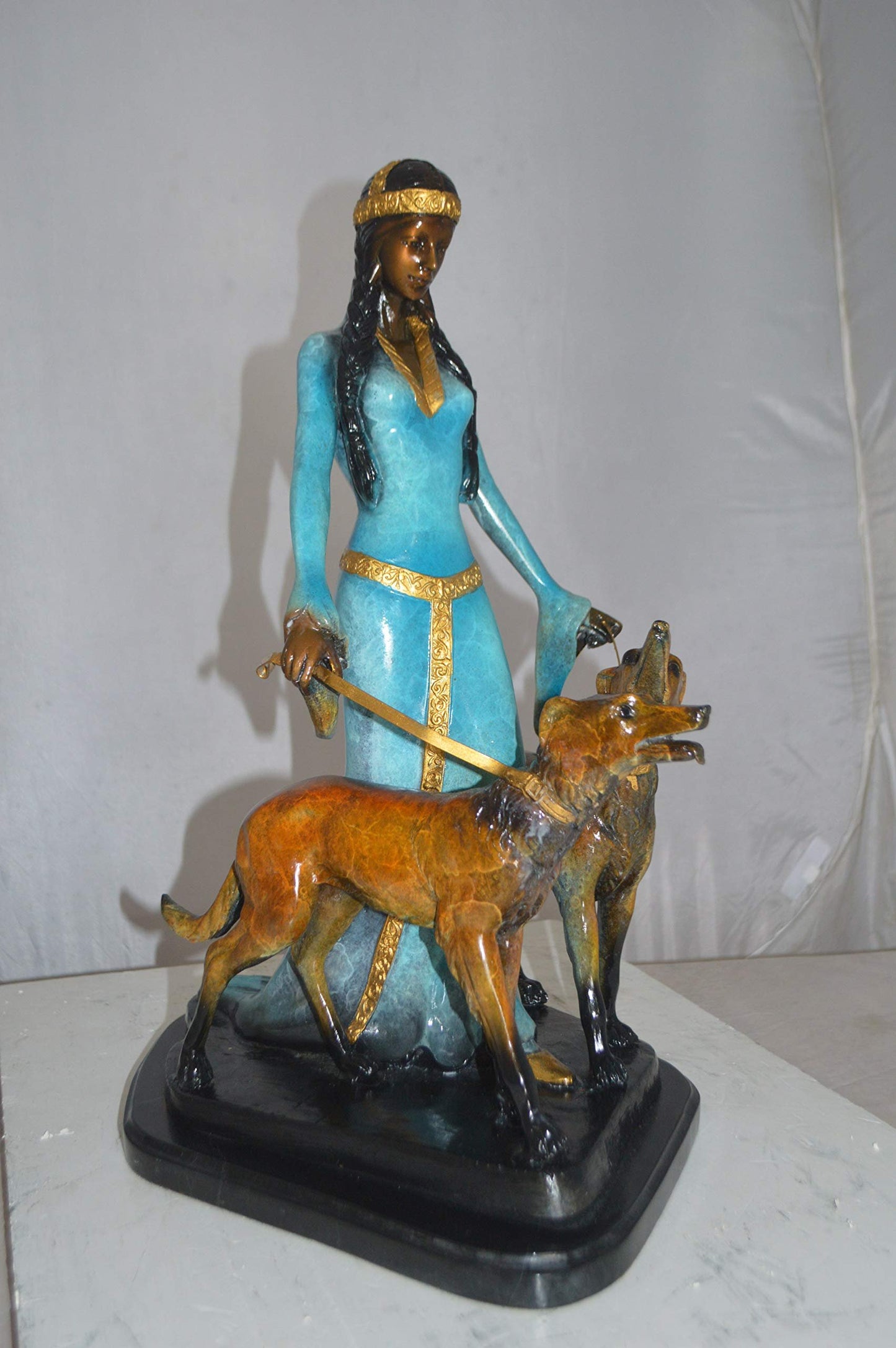 Lady with Her Two Dogs Bronze Statue -  Size: 18"L x 12"W x 23"H.
