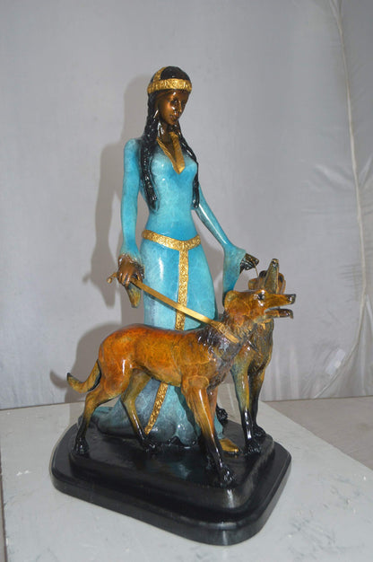 Lady with Her Two Dogs Bronze Statue -  Size: 18"L x 12"W x 23"H.
