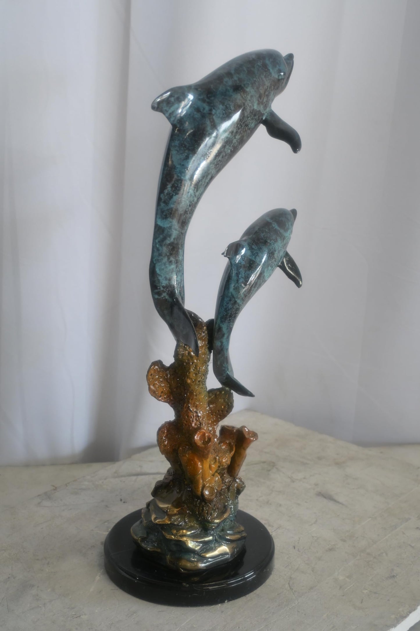 Bronze Dual Leaping Dolphin Sculpture on Marble Base 10"x6"x24"H