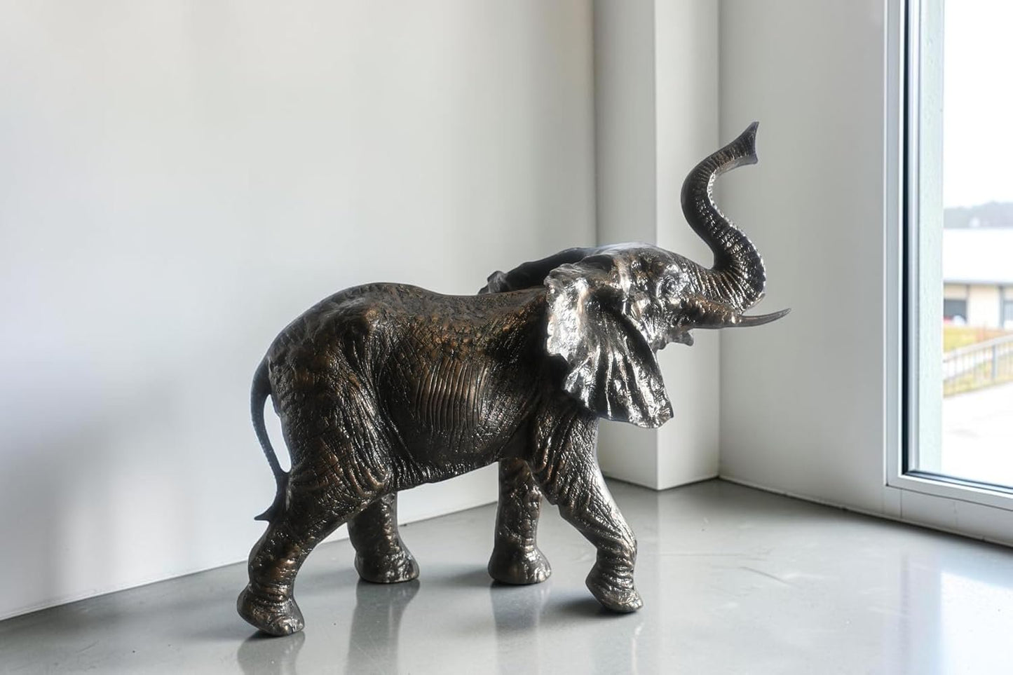 African Elephant Trunk Up Handcrafted Aluminum Sculpture 24"x12"x21"H