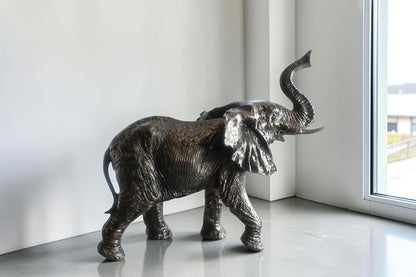 African Elephant Trunk Up Handcrafted Aluminum Sculpture 24"x12"x21"H