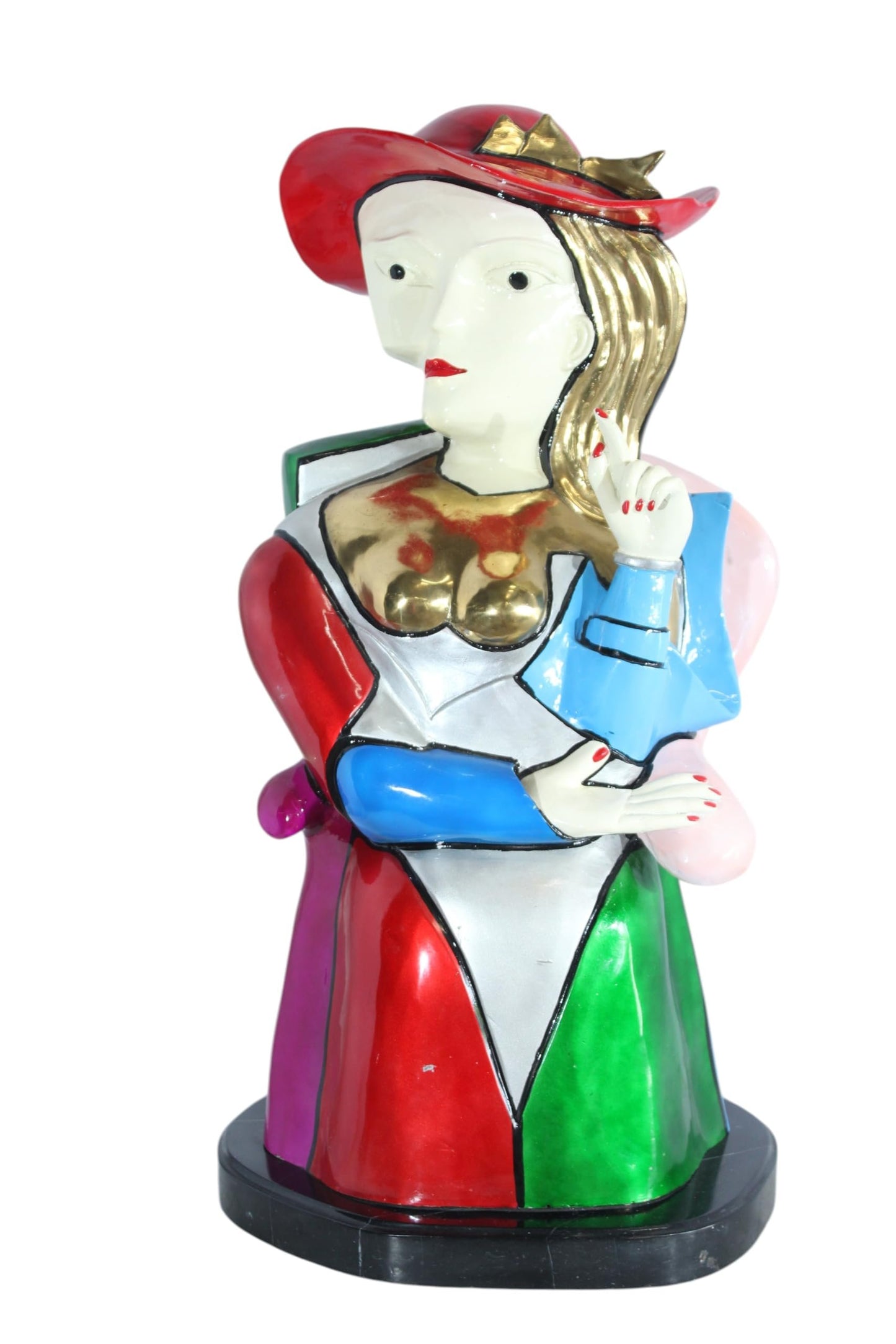 NIFAO Colorful Picasso Style Bronze Woman Bust with Red Hat 18" x 16" x 32"H