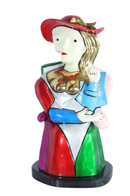 NIFAO Colorful Picasso Style Bronze Woman Bust with Red Hat 18" x 16" x 32"H