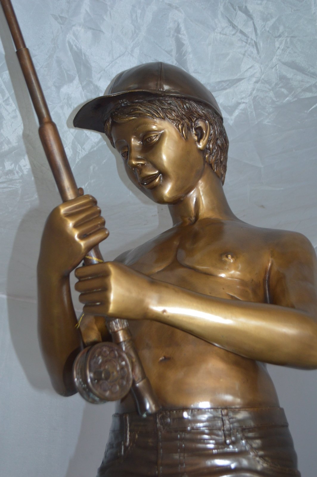 Standing Boy Fishing Fountain Bronze Statue -  Size: 58"L x 25"W x 72"H.