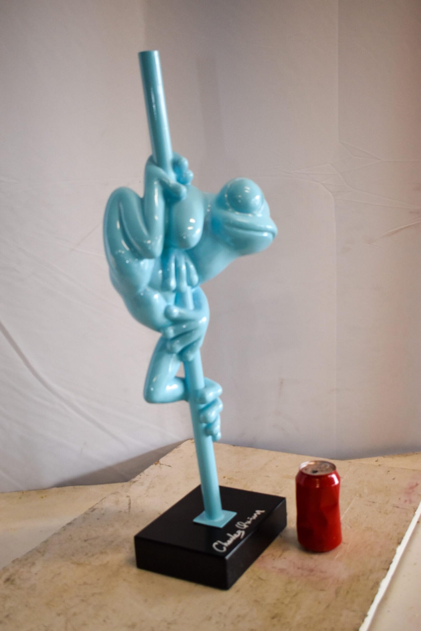 Modern Light Blue Lively Frog on Branch Resin Statue 10" x 8" x 28"H