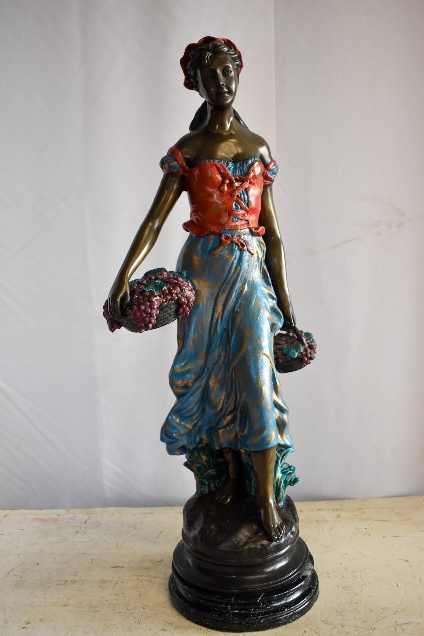 Tranquil Woman Strolling With Fruit Baskets Bronze Statue 13" x 10" x 30"H