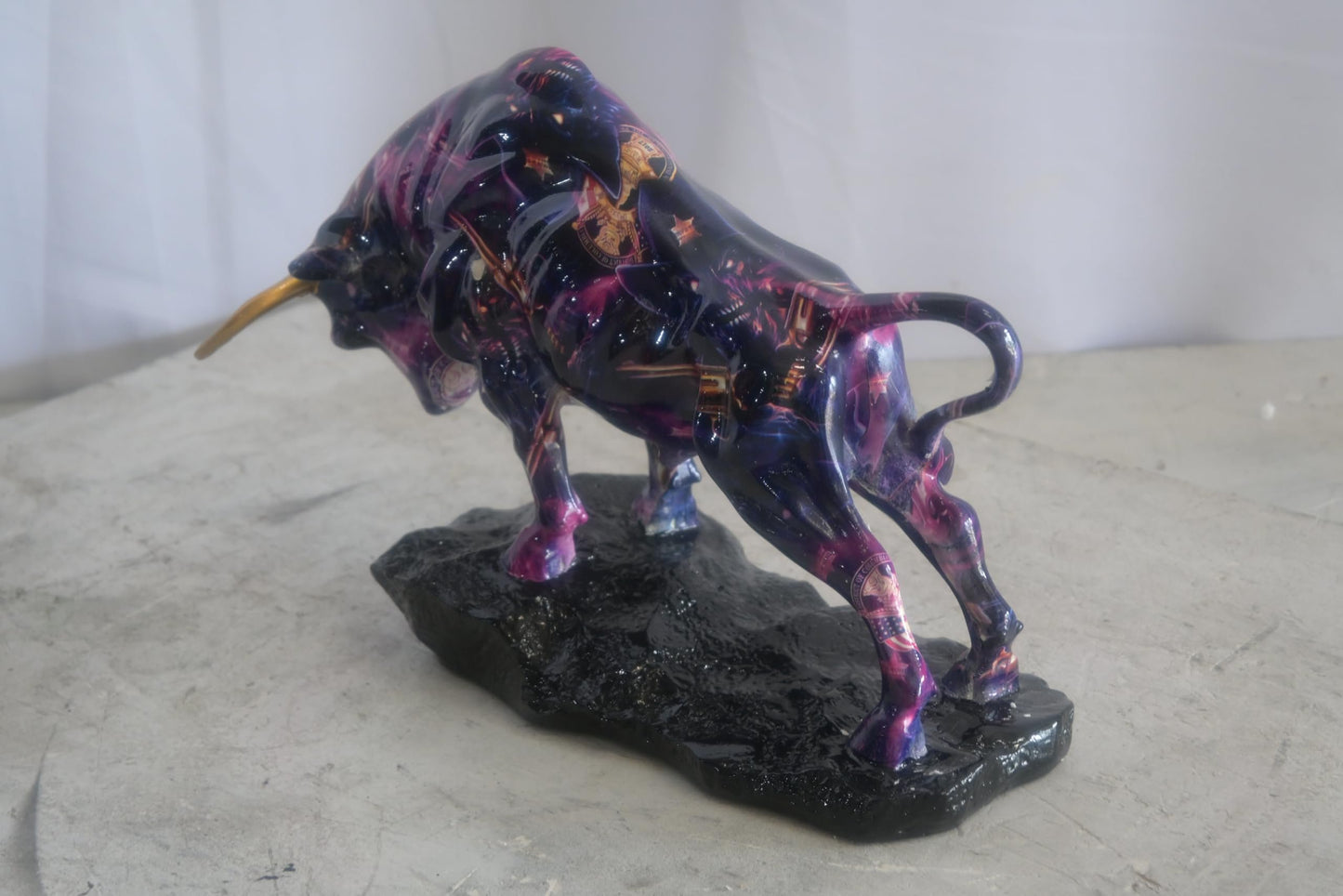 Resin Charging Bull Sculpture Purple Galaxy Finish Gold Horns 14"x4"x9"H