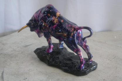 Resin Charging Bull Sculpture Purple Galaxy Finish Gold Horns 14"x4"x9"H