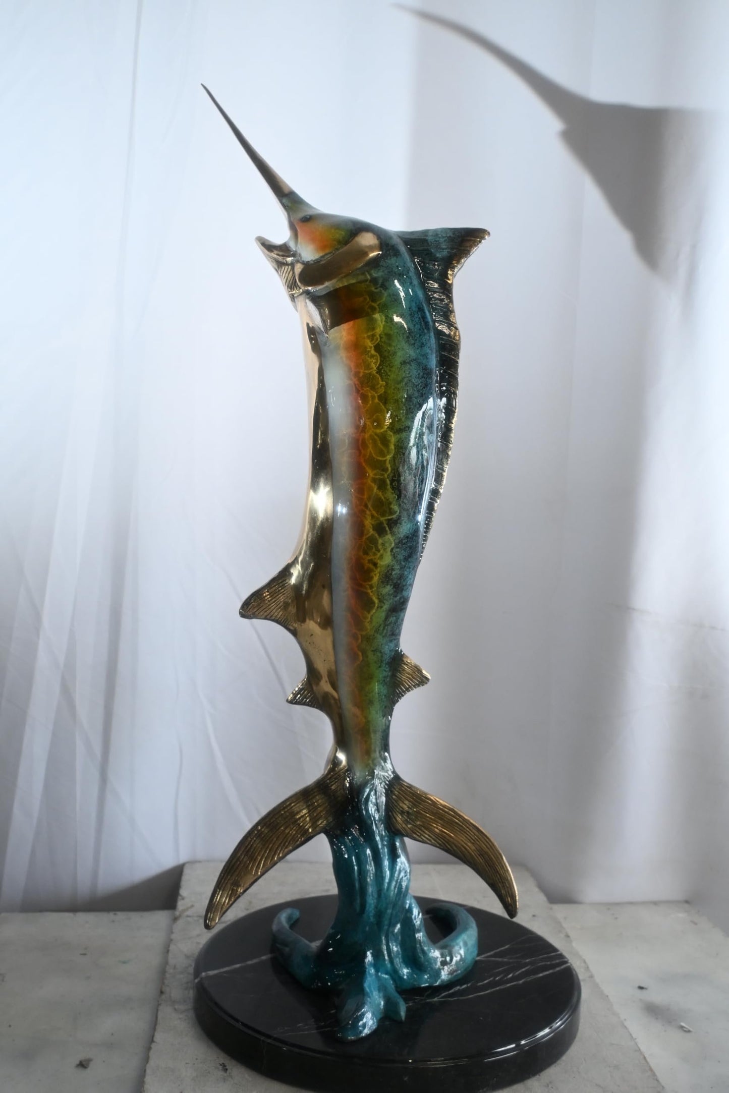 Leaping Marlin on Wave Bronze Sculpture Marble Base 14"x14"x41"H