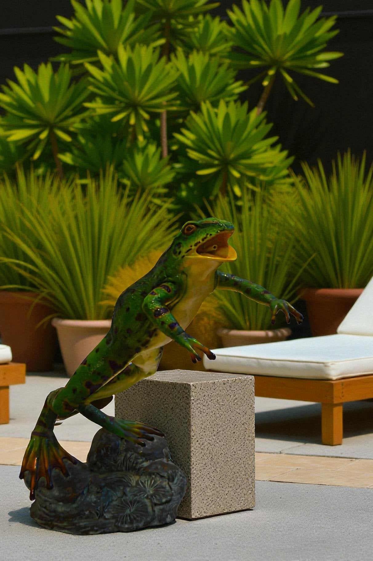 Jumping Frog Bronze Statue Fountain -  Size: 19"L x 12"W x 22"H.