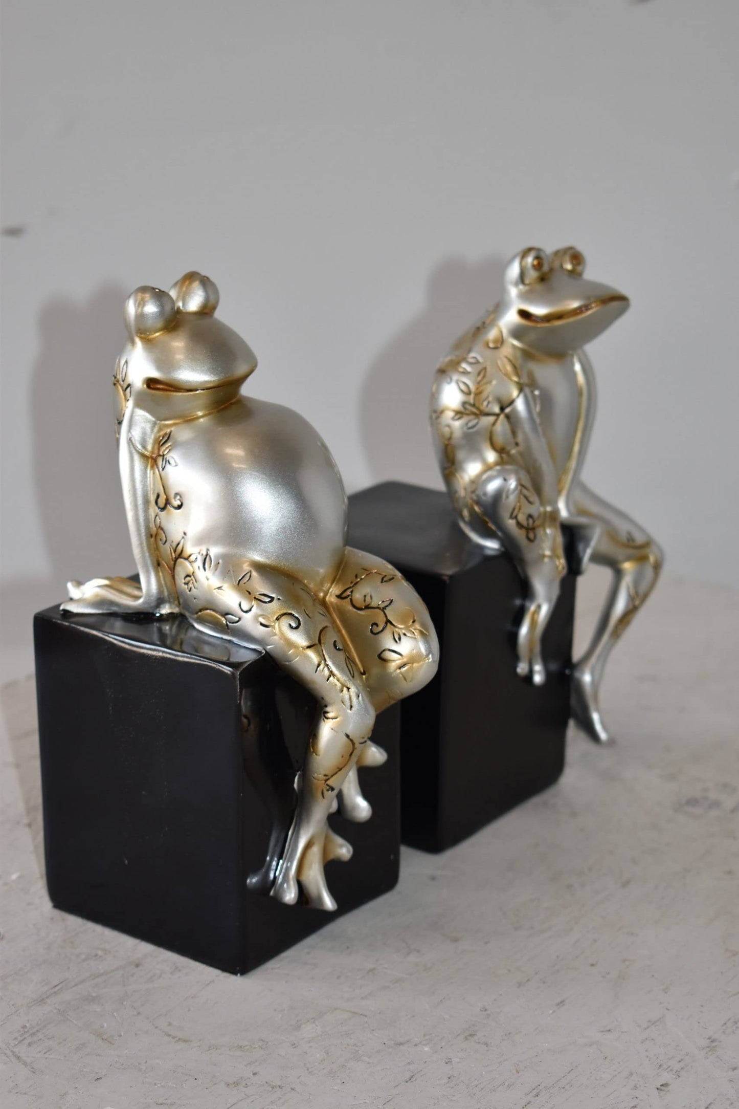 Pair of Happy Frogs Sitting on a Cube Resin Statue Size: 6" x 4" x 9"H