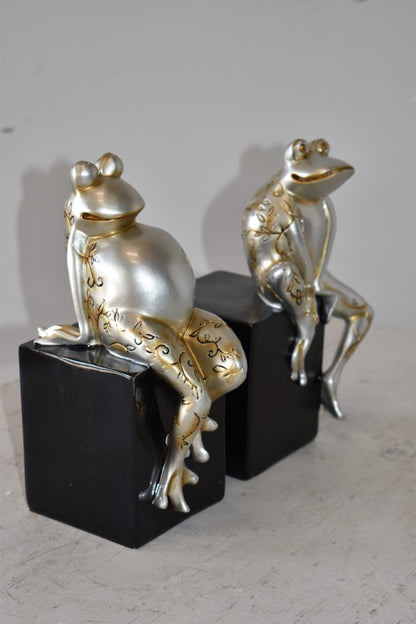 Pair of Happy Frogs Sitting on a Cube Resin Statue Size: 6" x 4" x 9"H