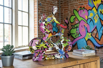 Modern Art Graffiti Bicycle and Rider Statue Made of Resin Size: 10" x 4" x 15"H