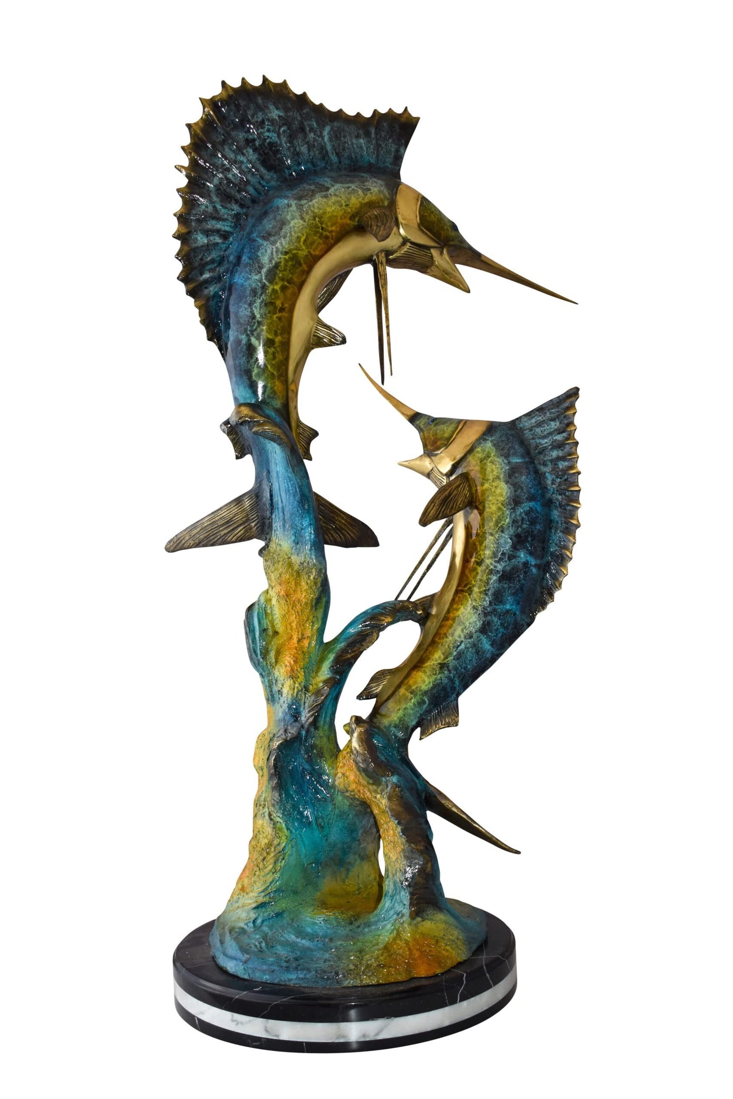 Set Of Intertwined Sailfish and Marlin Colored Bronze Statue  27" x 20" x 47"H