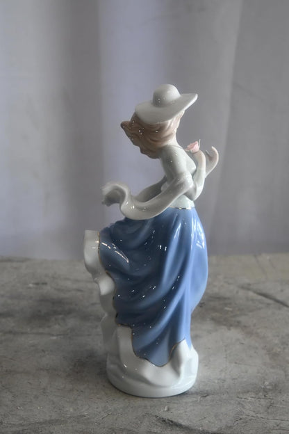 Porcelain Elegant Lady Blue Dress Hat Figurine with Rose 5"x4"x12"H