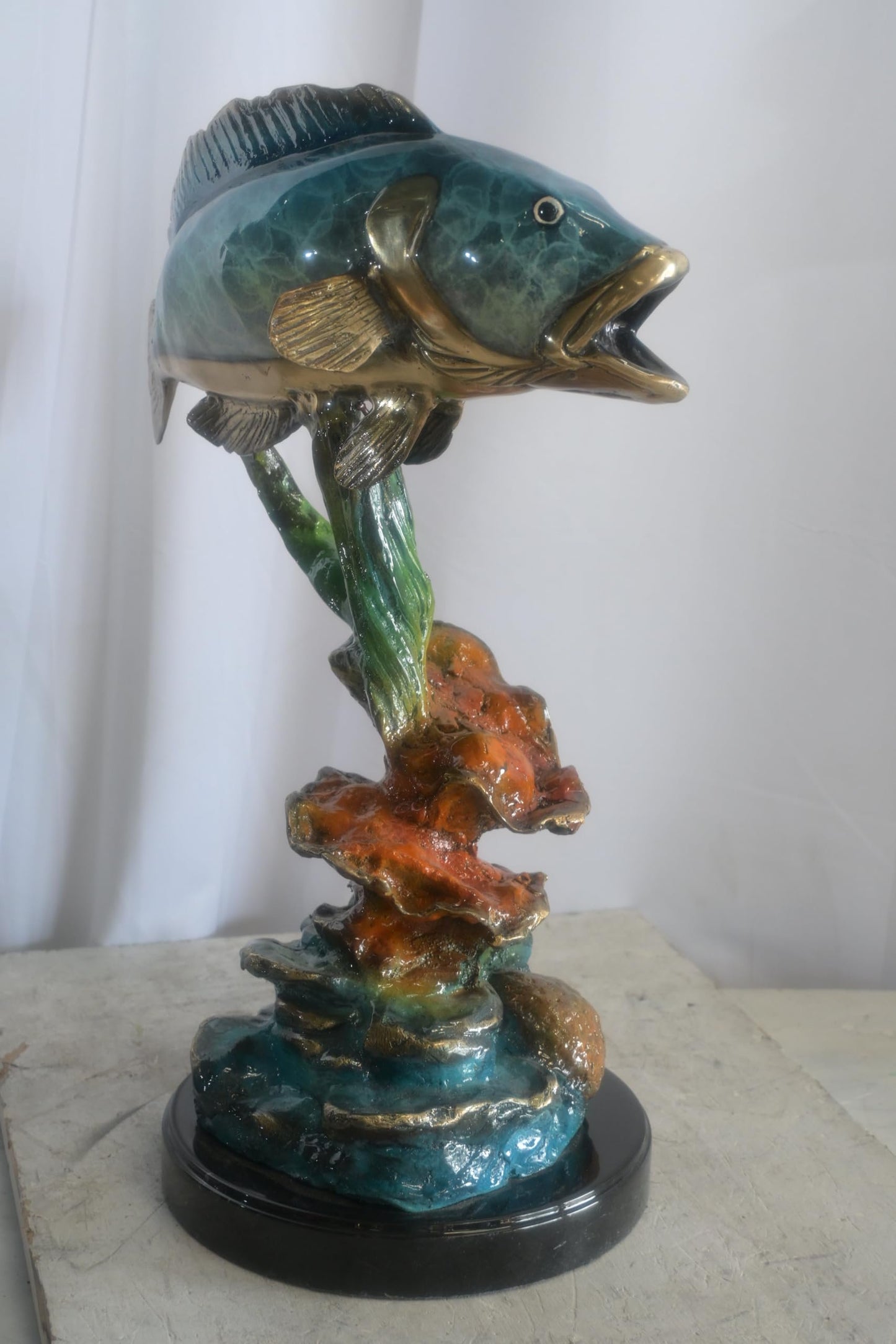 Bronze Bass Fish Sculpture on Coral Reef and Marble Base 18"x10"x26"H