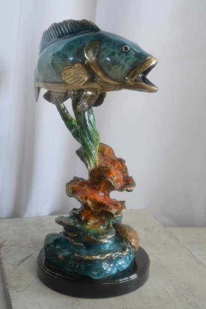 Bronze Bass Fish Sculpture on Coral Reef and Marble Base 18"x10"x26"H