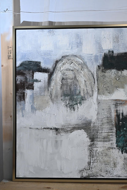Foggy NYC Abstract Canvas Painting Gray Teal Framed Art 41"x61"