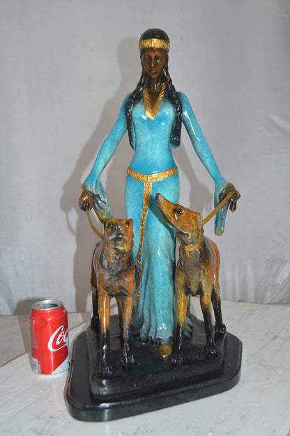 Lady with Her Two Dogs Bronze Statue -  Size: 18"L x 12"W x 23"H.