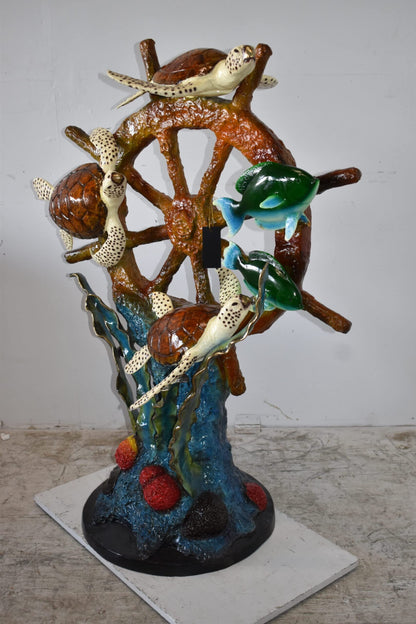 Sunken Nautical Wheel with Sea Creatures Bronze Statue Size: 39" x 23" x 51"H