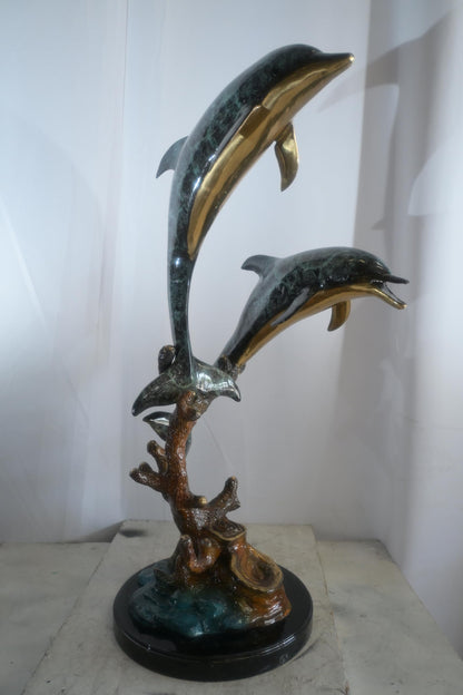 Large Bronze Dual Dolphin Coral Reef Sculpture Marble Base 18"x16"x39"H