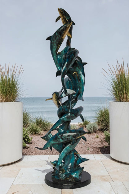 Nifao Dolphin Spiral Wave Bronze Statue – Majestic Coastal Sculpture with Handcrafted Detail for Home, Garden, or Patio Decor – 15" L x 17" W x 55" H