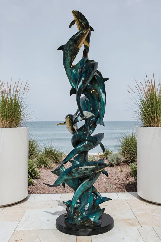 Nifao Dolphin Spiral Wave Bronze Statue – Majestic Coastal Sculpture with Handcrafted Detail for Home, Garden, or Patio Decor – 15" L x 17" W x 55" H