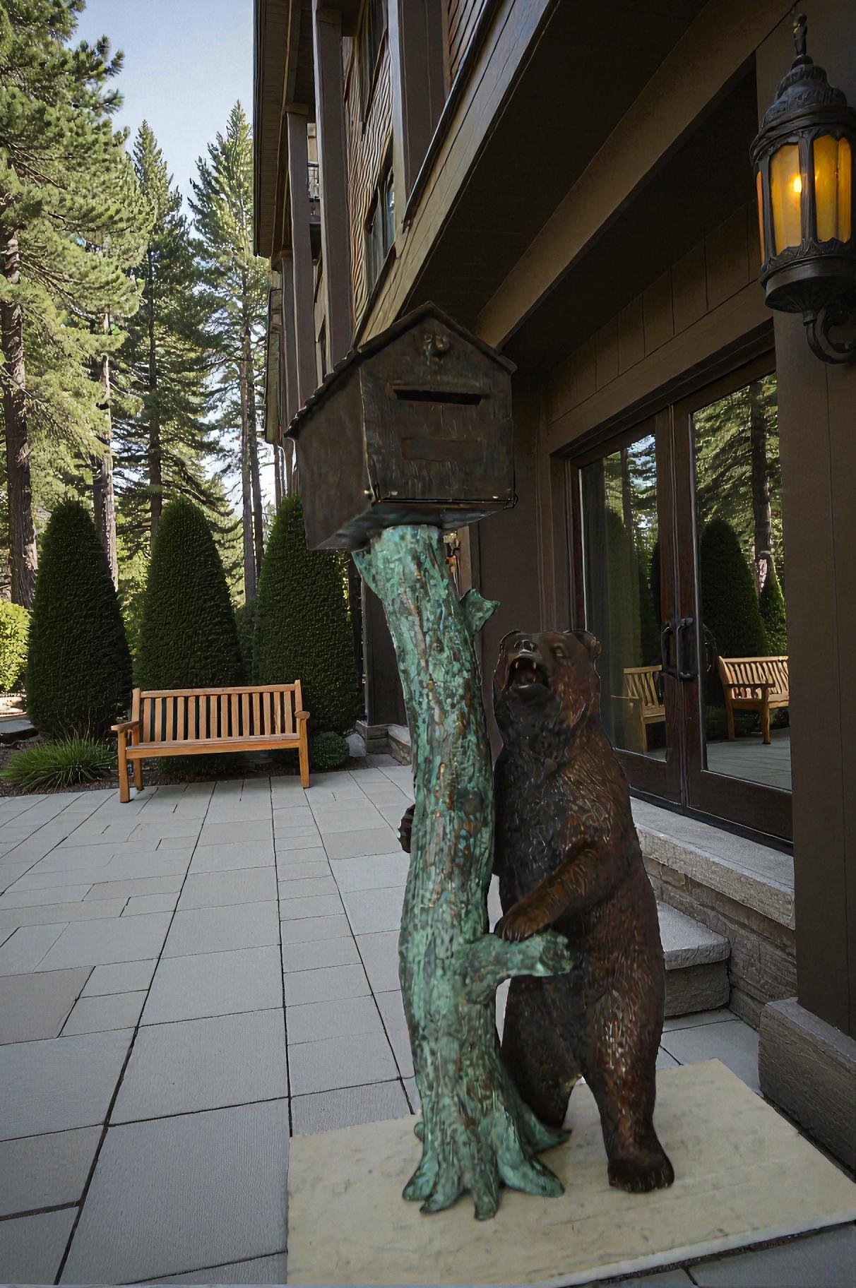 Bear beside a Tree with Mailbox Bronze Statue -  Size: 19"L x 20"W x 50"H